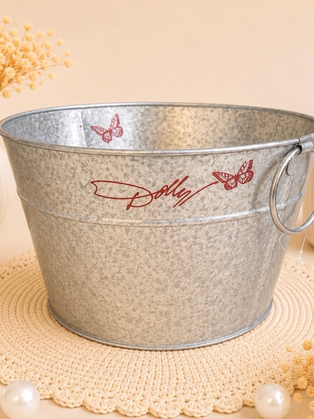 Dolly Galvanized Metal Bucket with a Red Butterfly Desig